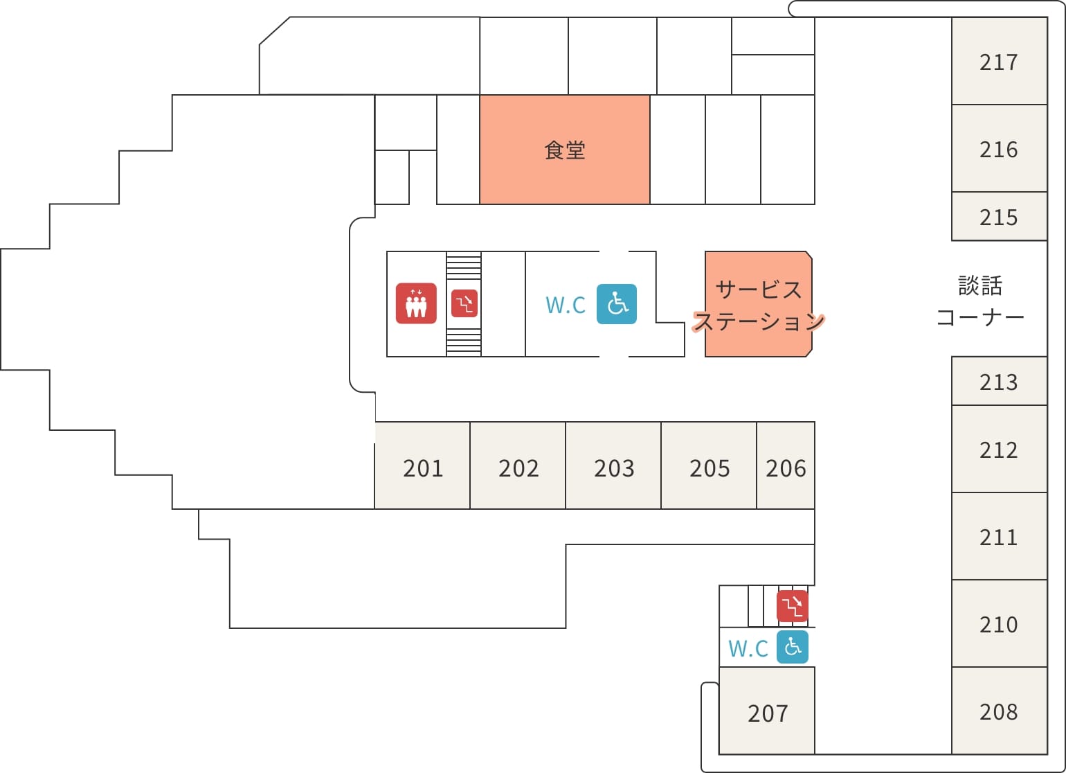 2階老人保健施設のフロア図。食堂、サービスステーション、談話コーナー、201〜217号室の個室、車椅子対応トイレ、エレベーター、階段が配置されています。